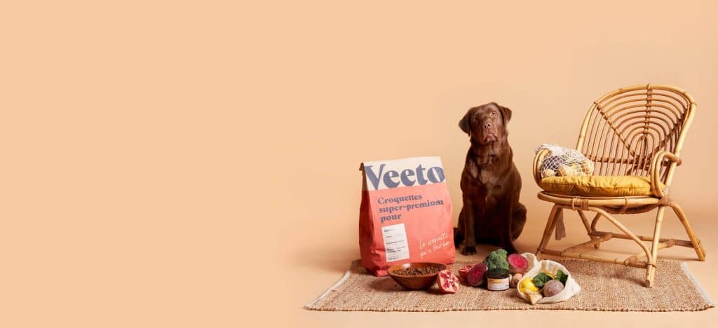 Un chien et un paquet de croquettes Veeto